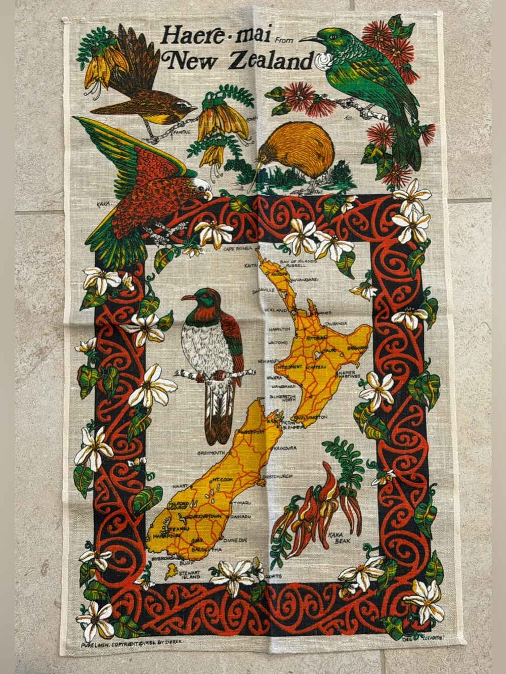 Vintage Derek of New Zealand Colorful Linen Souvenir Tea Towel Clematis NEW